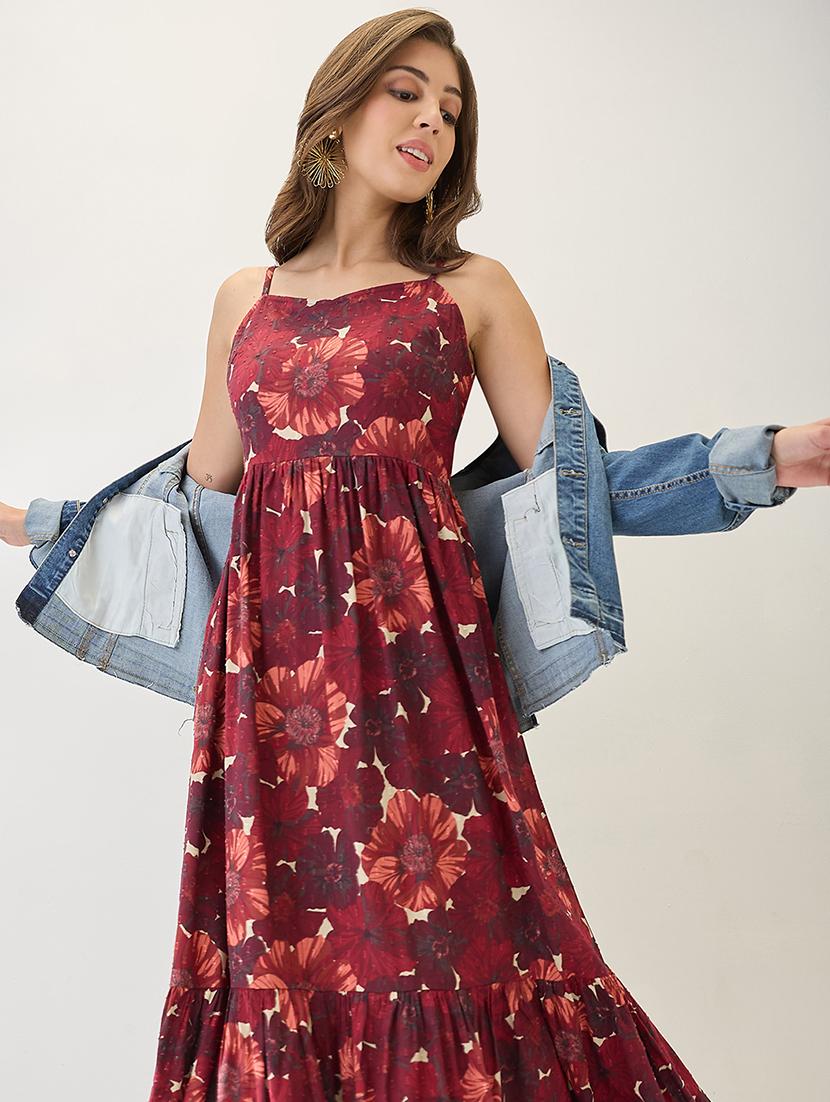 globus women blue floral printed v-neck strappy sleeves tiered fit & flare maxi dress - 21767533 - Standard Image - 3
