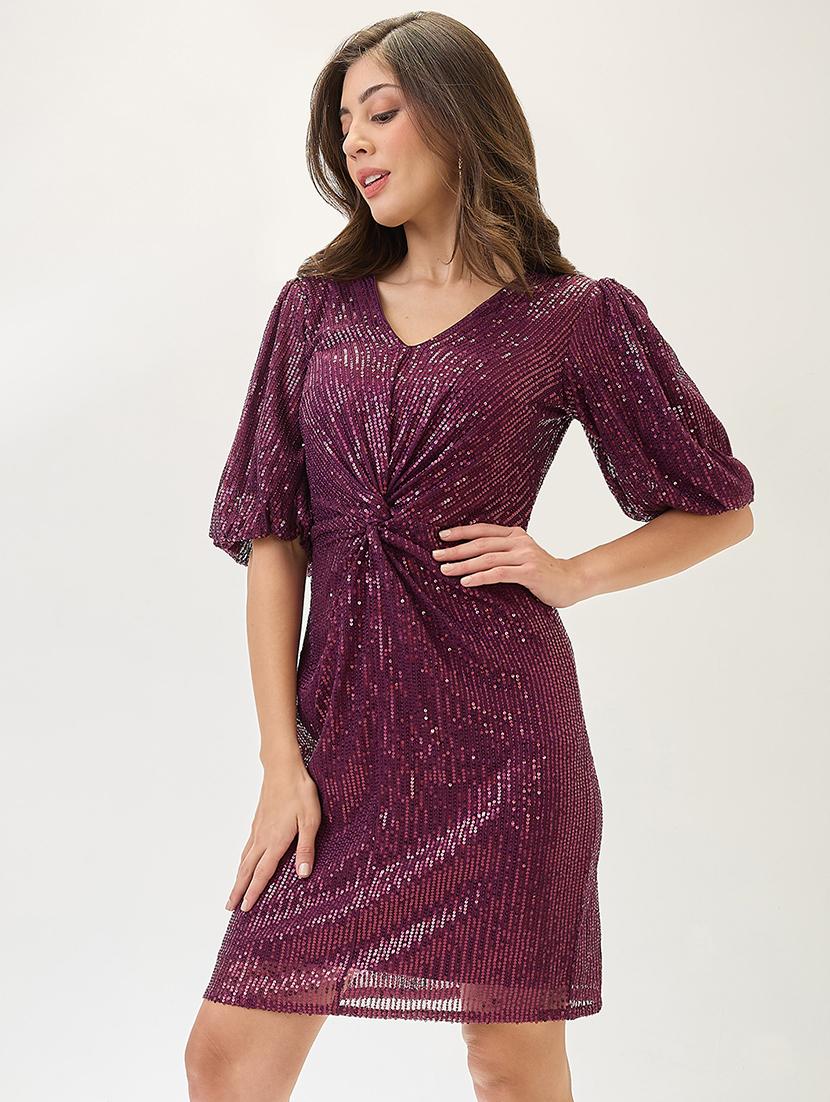 globus women burgundy v-neck puff sleeves twisted detail sequinned mini sheath party dress - 21767534 - Zoom Image - 0