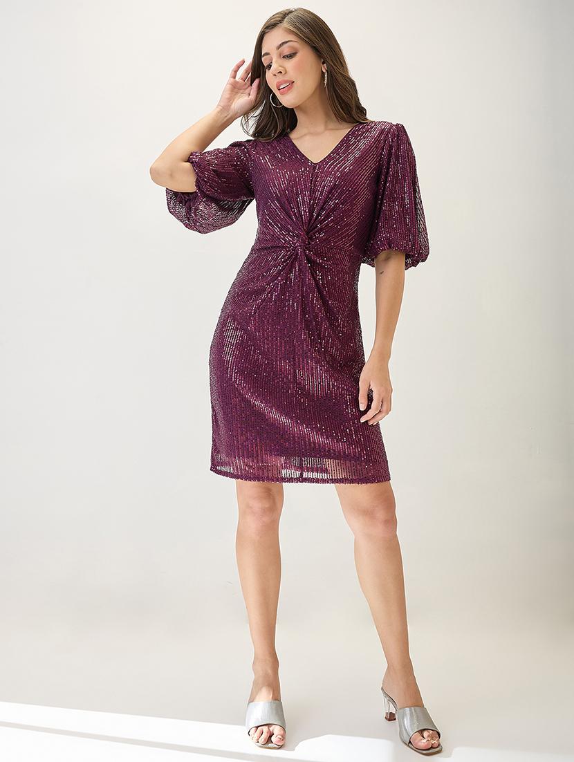 globus women burgundy v-neck puff sleeves twisted detail sequinned mini sheath party dress - 21767534 - Standard Image - 3