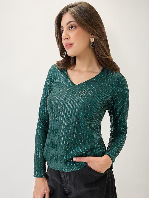 globus women green v-neck long sleeves embellished party top - 21767536 -  Standard Image - 0