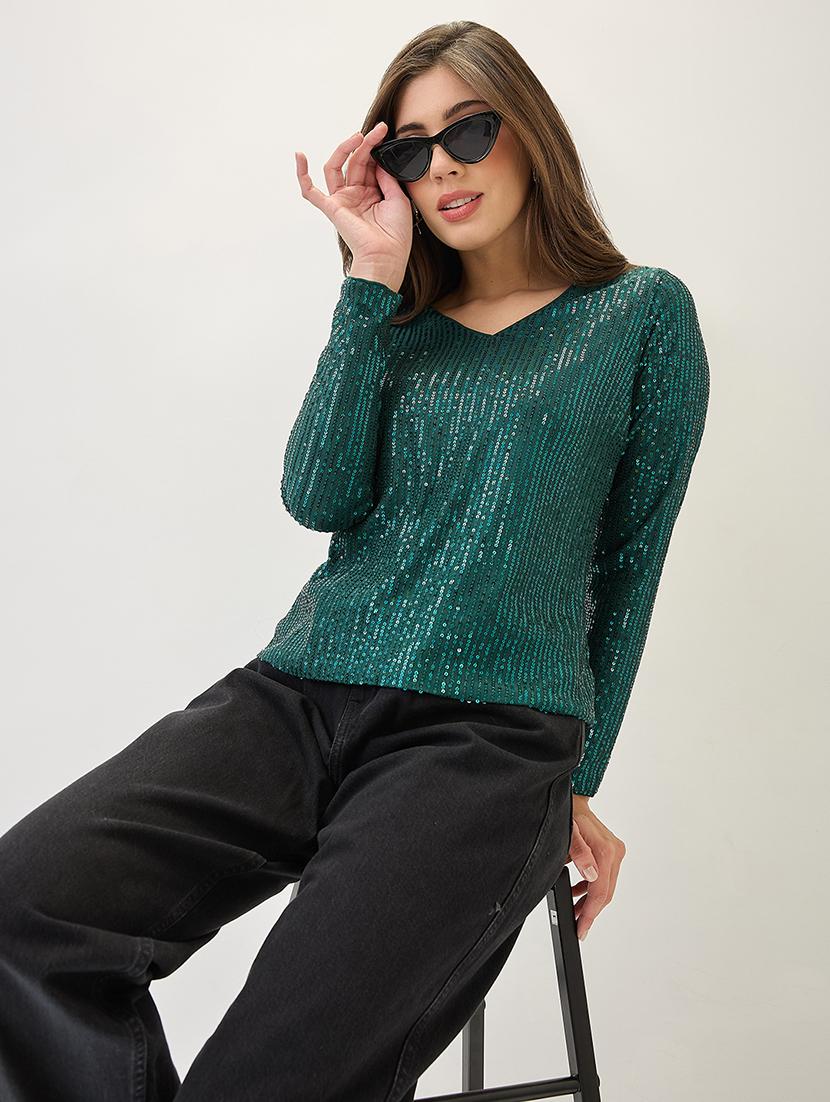 globus women green v-neck long sleeves embellished party top - 21767536 - Standard Image - 3