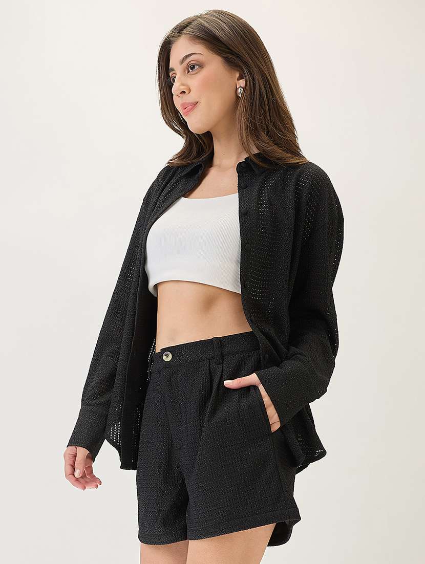 globus women black collared neck cuffed sleeves crochet shirt style top with shorts co-ords set - 21767538 - Zoom Image - 0