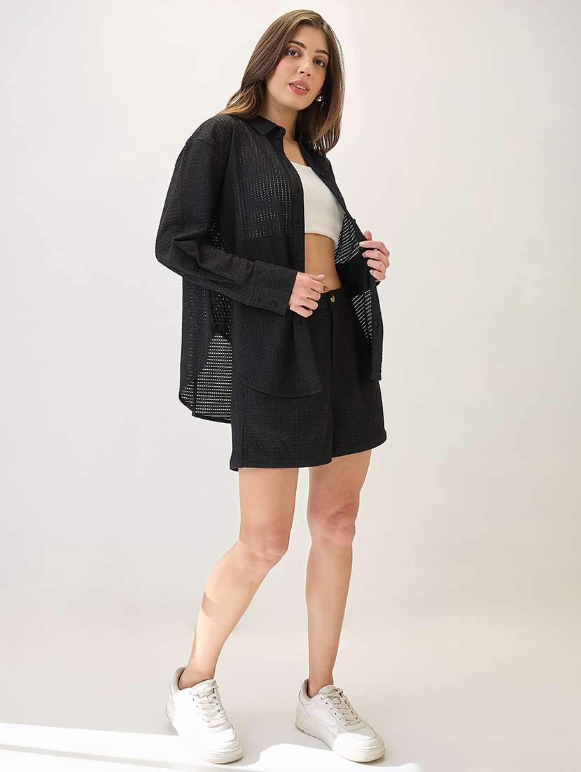 globus women black collared neck cuffed sleeves crochet shirt style top with shorts co-ords set - 21767538 - Standard Image - 3