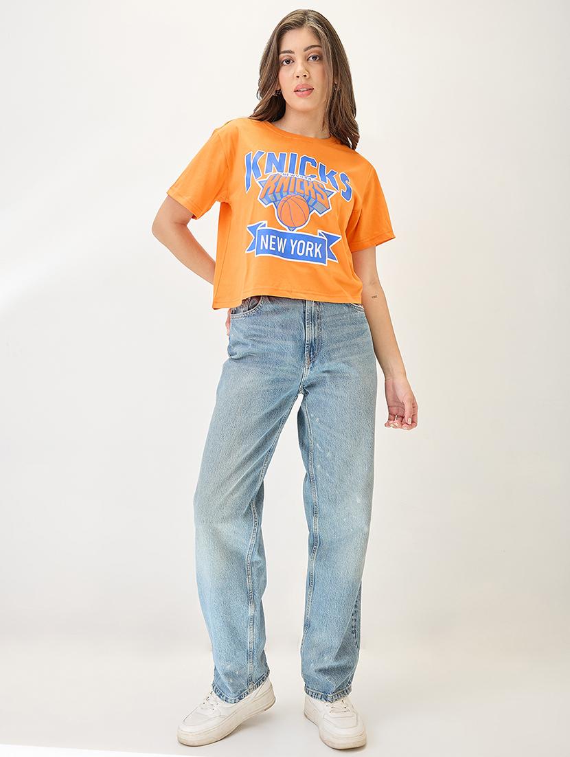 globus women orange typography printed round neck cotton oversized trendy crop t-shirt - 21767539 - Standard Image - 3
