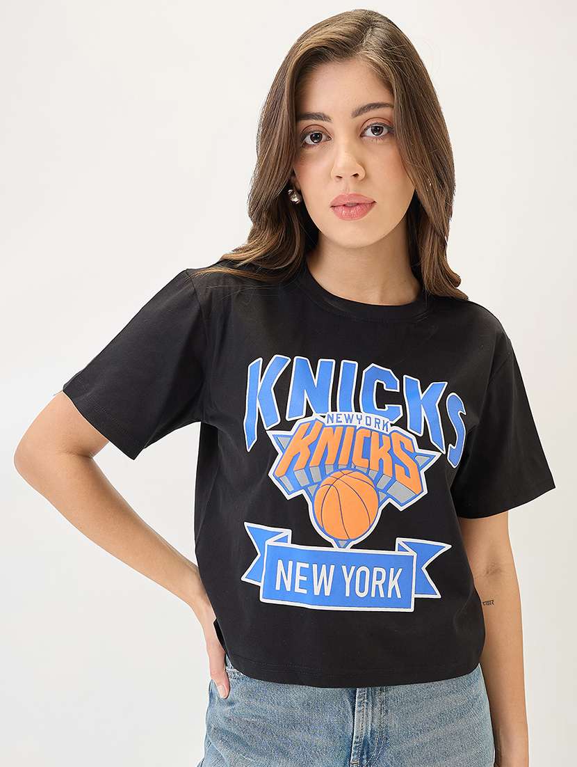 globus women black typography printed round neck cotton oversized trendy crop t-shirt