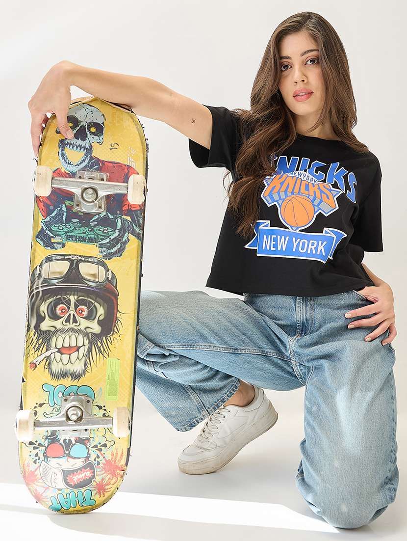 globus women black typography printed round neck cotton oversized trendy crop t-shirt - 21767540 -  Standard Image - 3