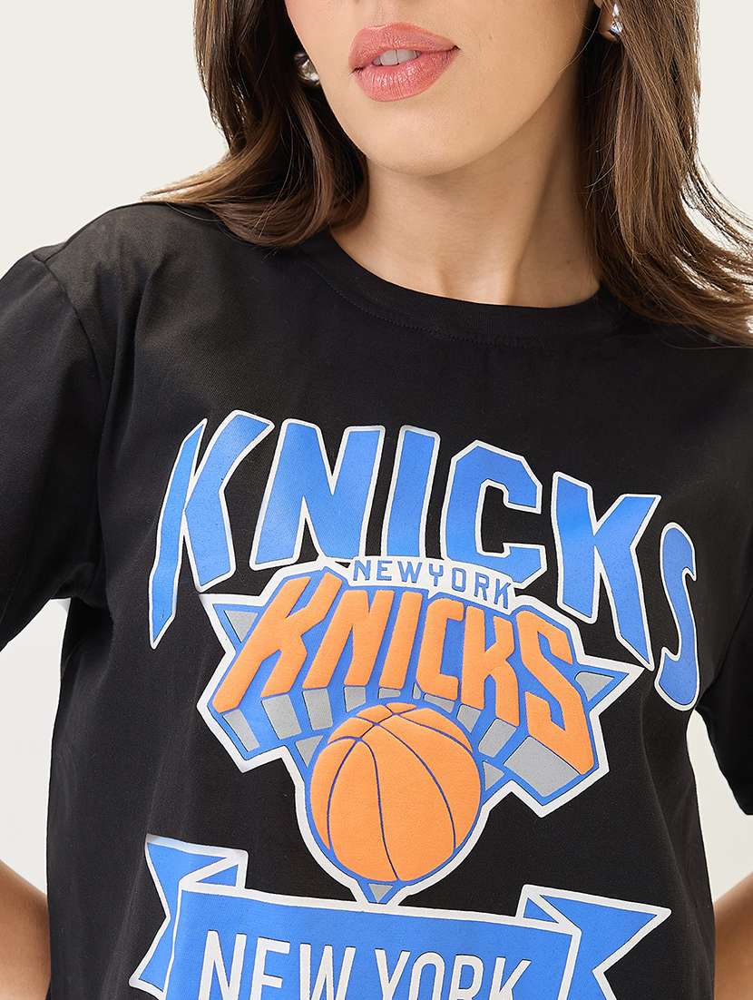 globus women black typography printed round neck cotton oversized trendy crop t-shirt - 21767540 -  Standard Image - 5