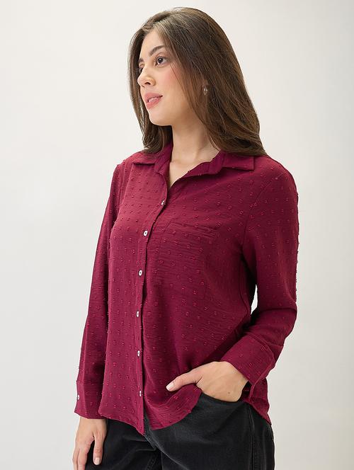 globus women maroon cuffed sleeves self design chest pocket curved hem shirt - 21767547 - Standard Image - 0