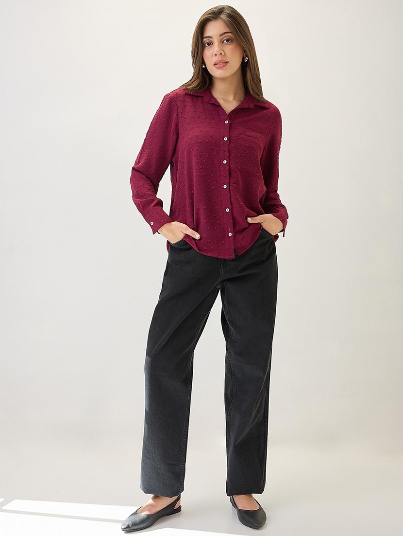 globus women maroon cuffed sleeves self design chest pocket curved hem shirt - 21767547 - Standard Image - 3