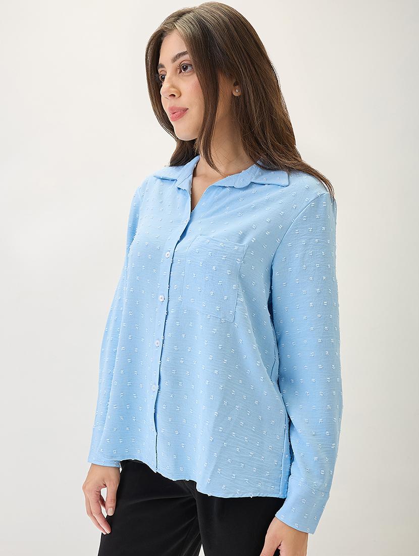 globus women blue cuffed sleeves self design chest pocket curved hem shirt