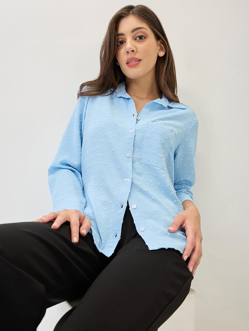 globus women blue cuffed sleeves self design chest pocket curved hem shirt - 21767548 - Standard Image - 3