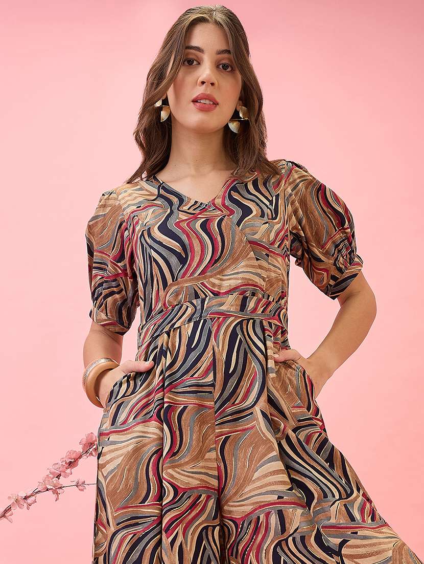 globus women multi-colour abstract print v-neck puff sleeves belted fusion jumpsuit - 21767549 -  Standard Image - 3