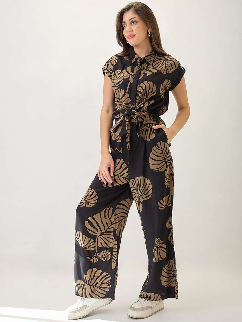 globus women black shirt collar extended sleeves tropical print cut out detail waist tie-up jumpsuit