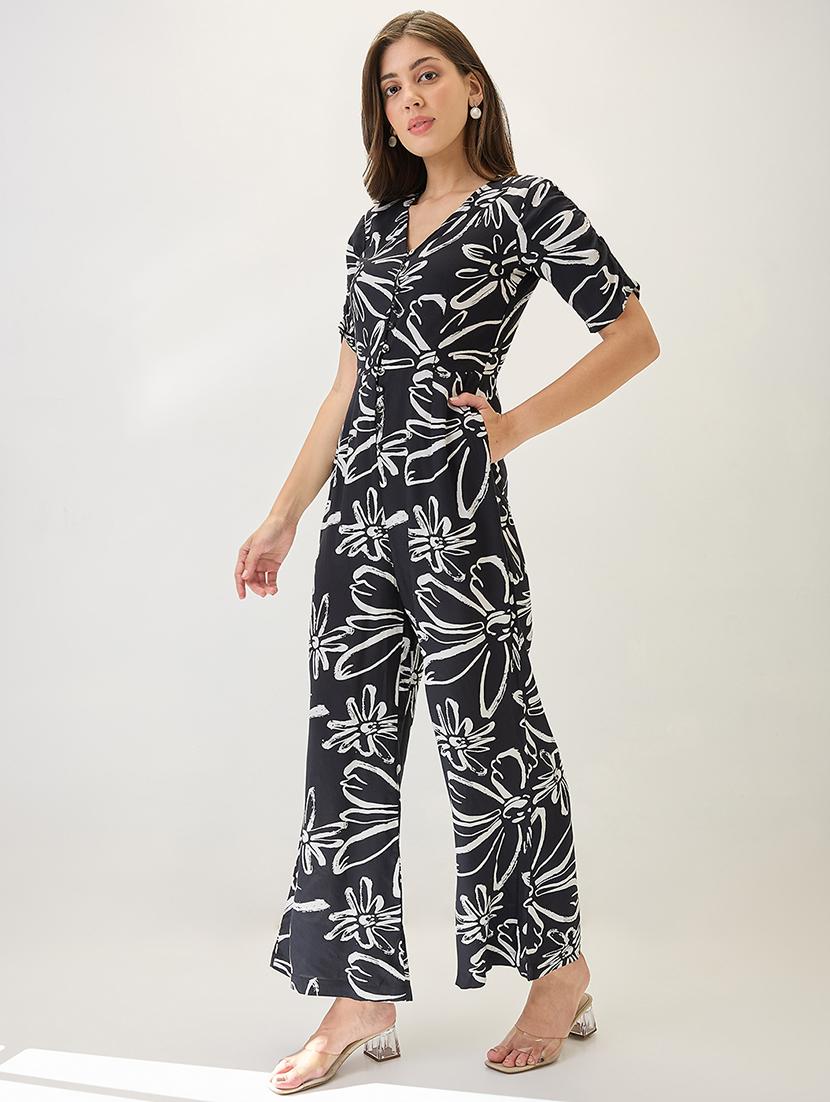 globus women black v-neck ruched sleeves floral print longline jumpsuit - 21767552 - Zoom Image - 0