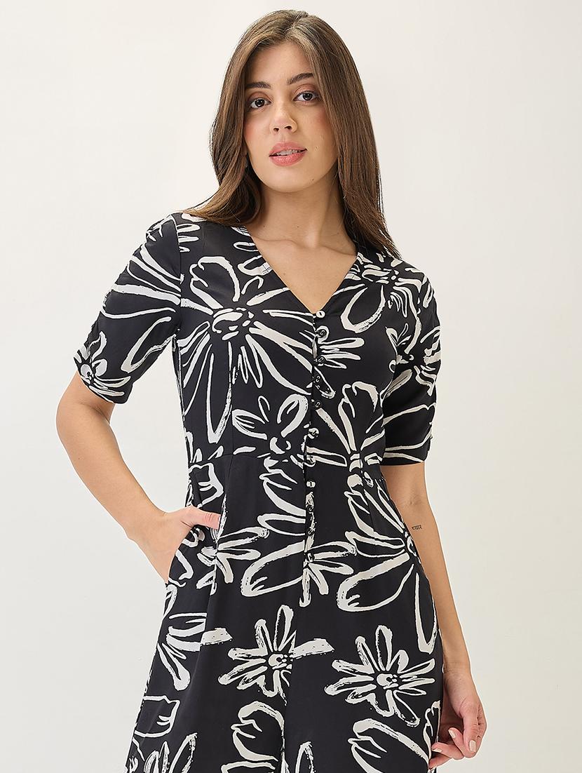 globus women black v-neck ruched sleeves floral print longline jumpsuit - 21767552 - Standard Image - 3