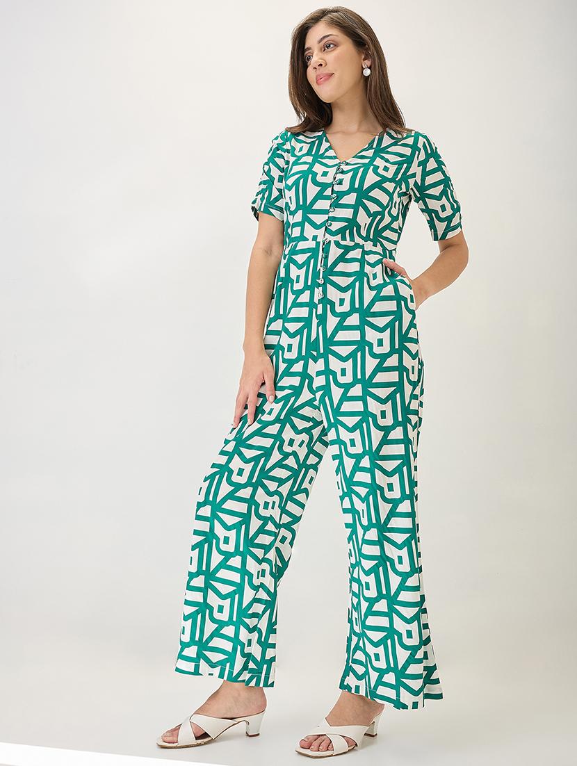 globus women green v-neck ruched sleeves abstract print longline jumpsuit - 21767553 - Zoom Image - 0