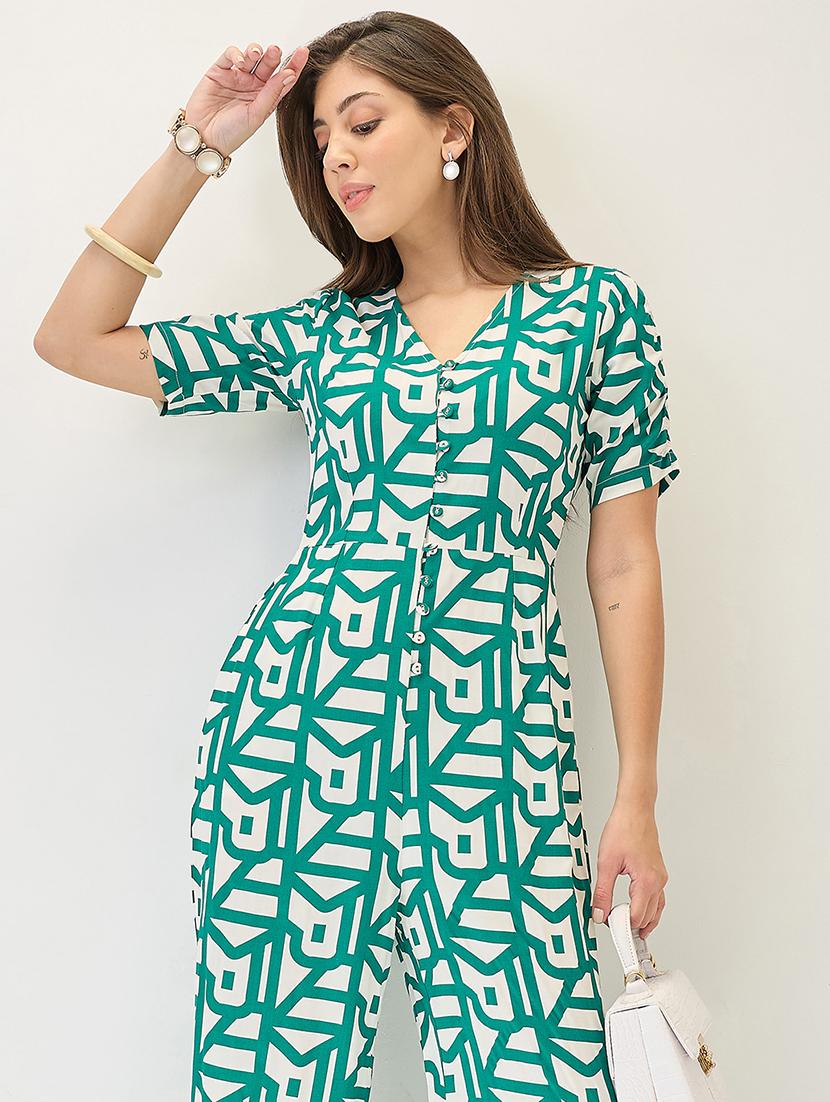 globus women green v-neck ruched sleeves abstract print longline jumpsuit - 21767553 - Standard Image - 3