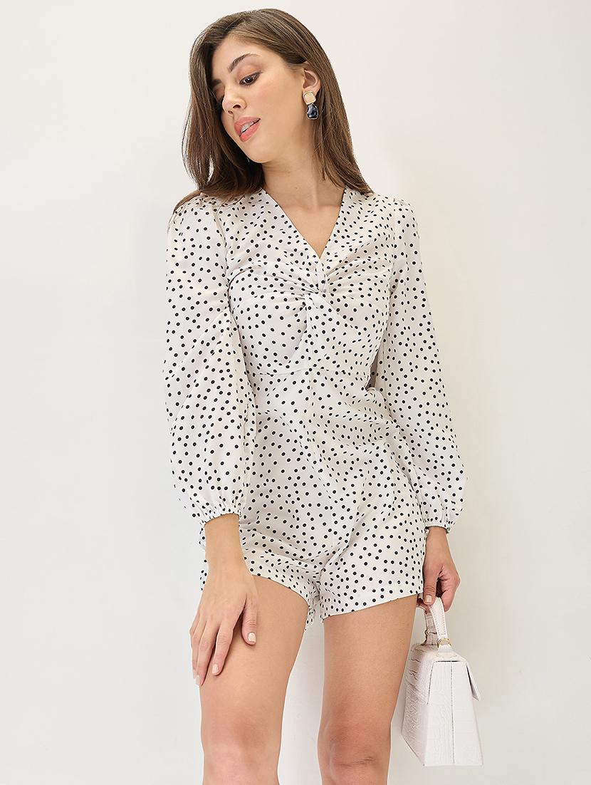 globus women white v-neck bishop sleeves twisted detail bishop sleeves polka-dot playsuit - 21767554 -  Zoom Image - 0