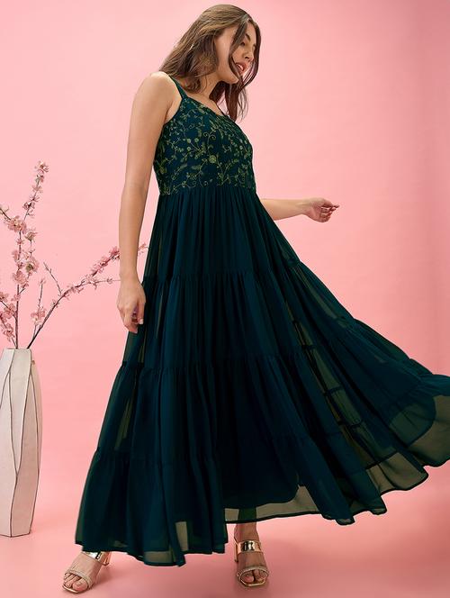 globus women teal strappy sleeves v-neck sequinned floral embroidered georgette a-line tiered maxi dress - 21767557 - Standard Image - 0