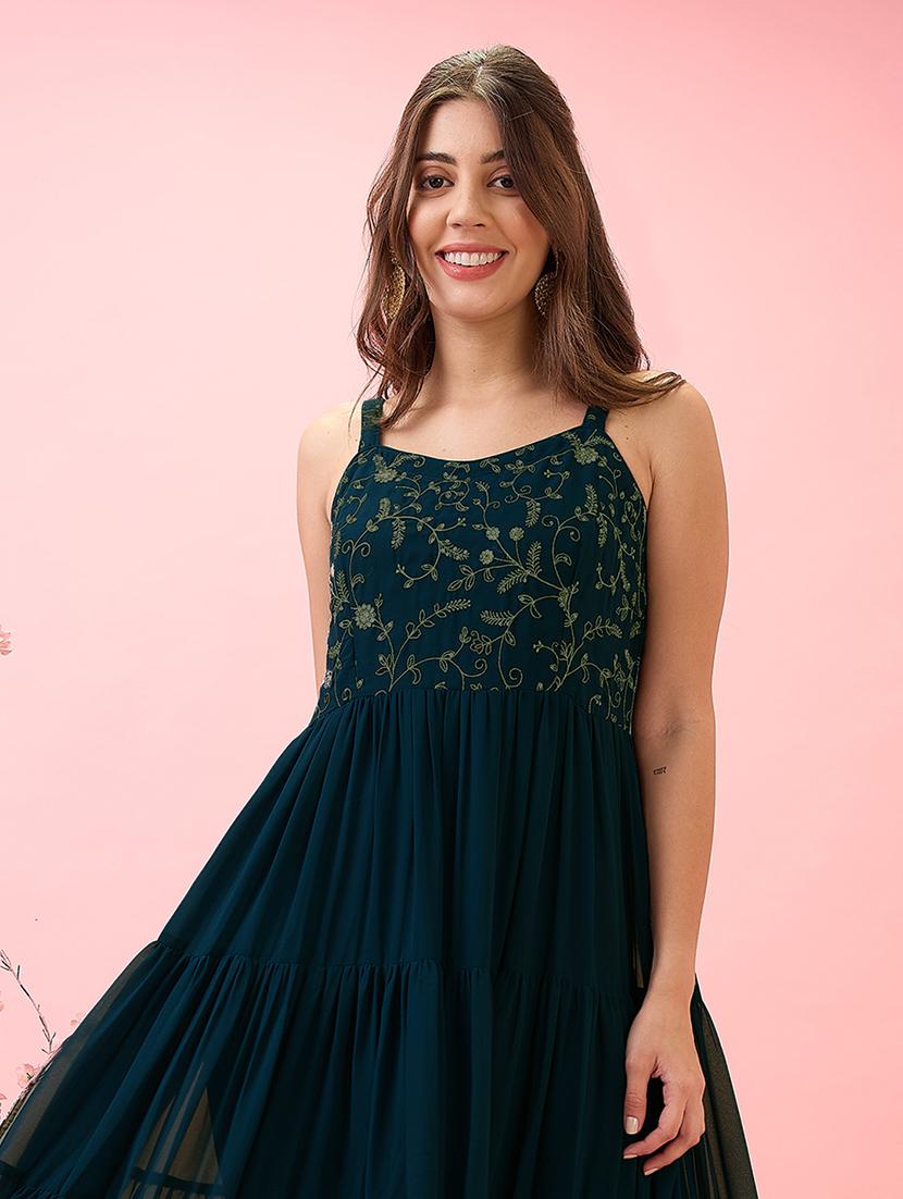 globus women teal strappy sleeves v-neck sequinned floral embroidered georgette a-line tiered maxi dress - 21767557 - Standard Image - 3