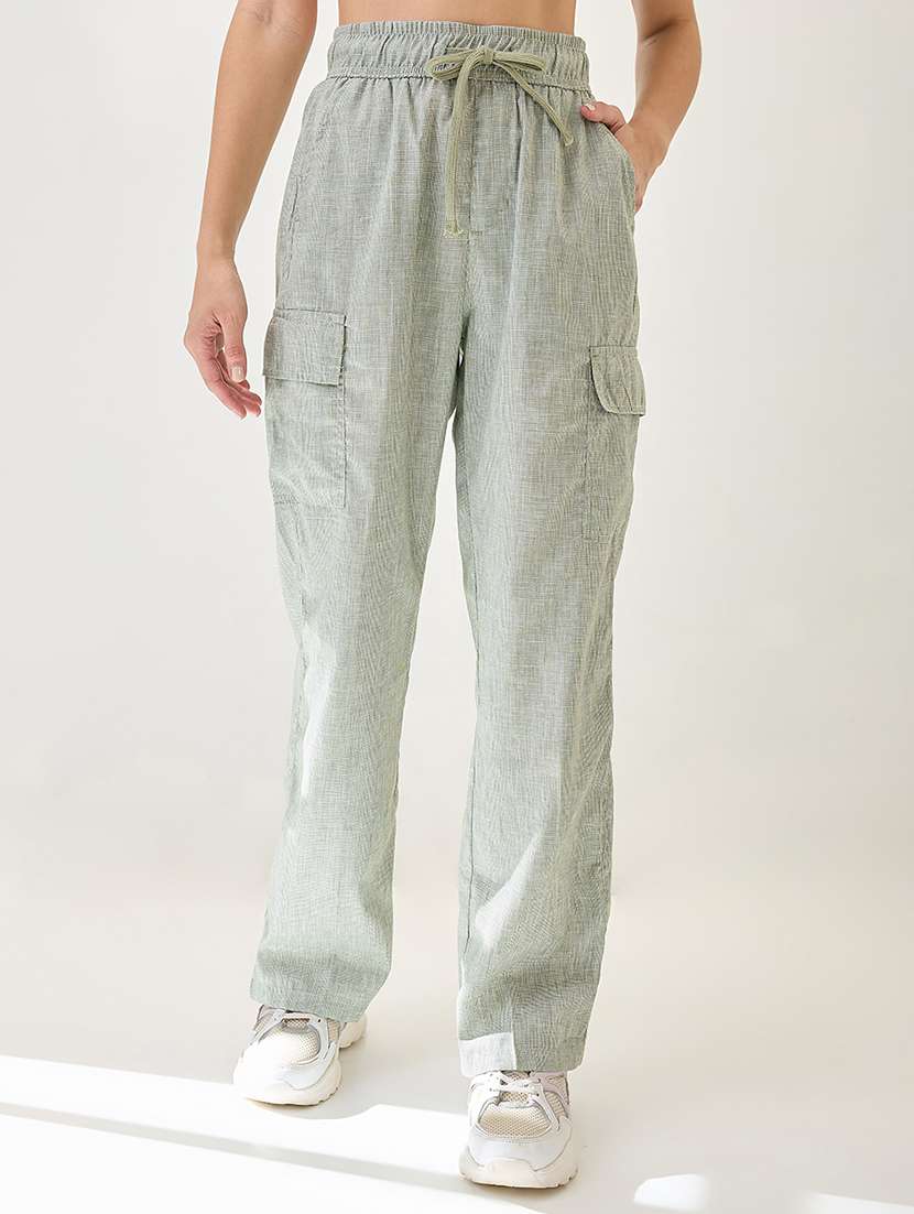 globus women light green self design checkered drawstring waist cargo trousers