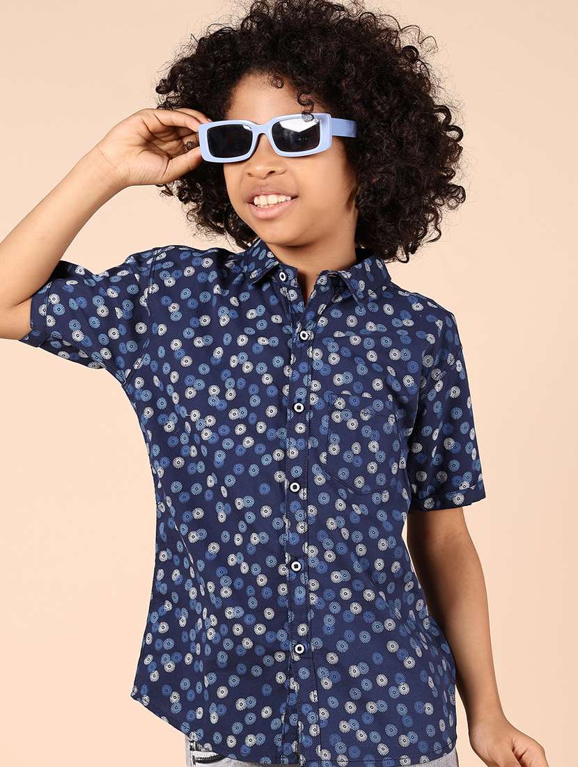 boys blue printed short sleeve casual shirt