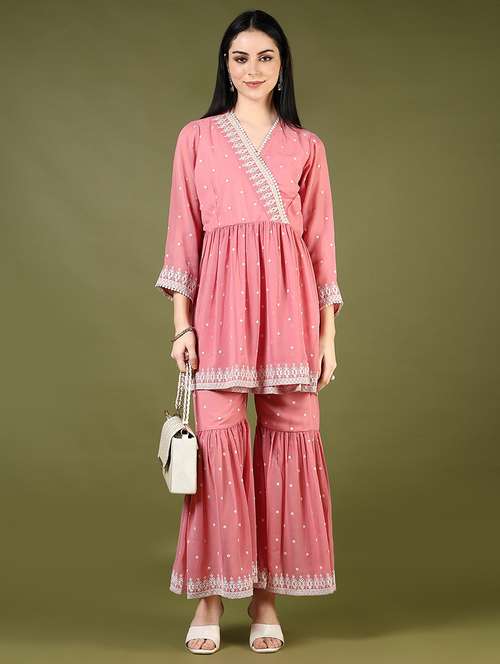 women embroidered angrakha kurta and printed sharara set - 21767730 - Standard Image - 0