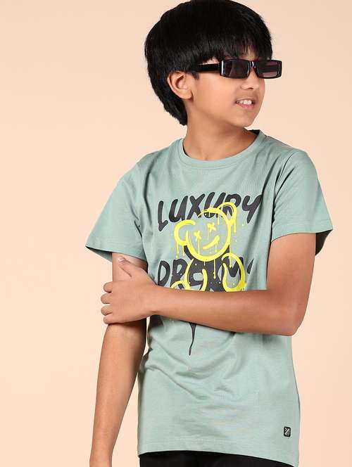 boys green front print round neck t-shirt - 21767731 - Standard Image - 0