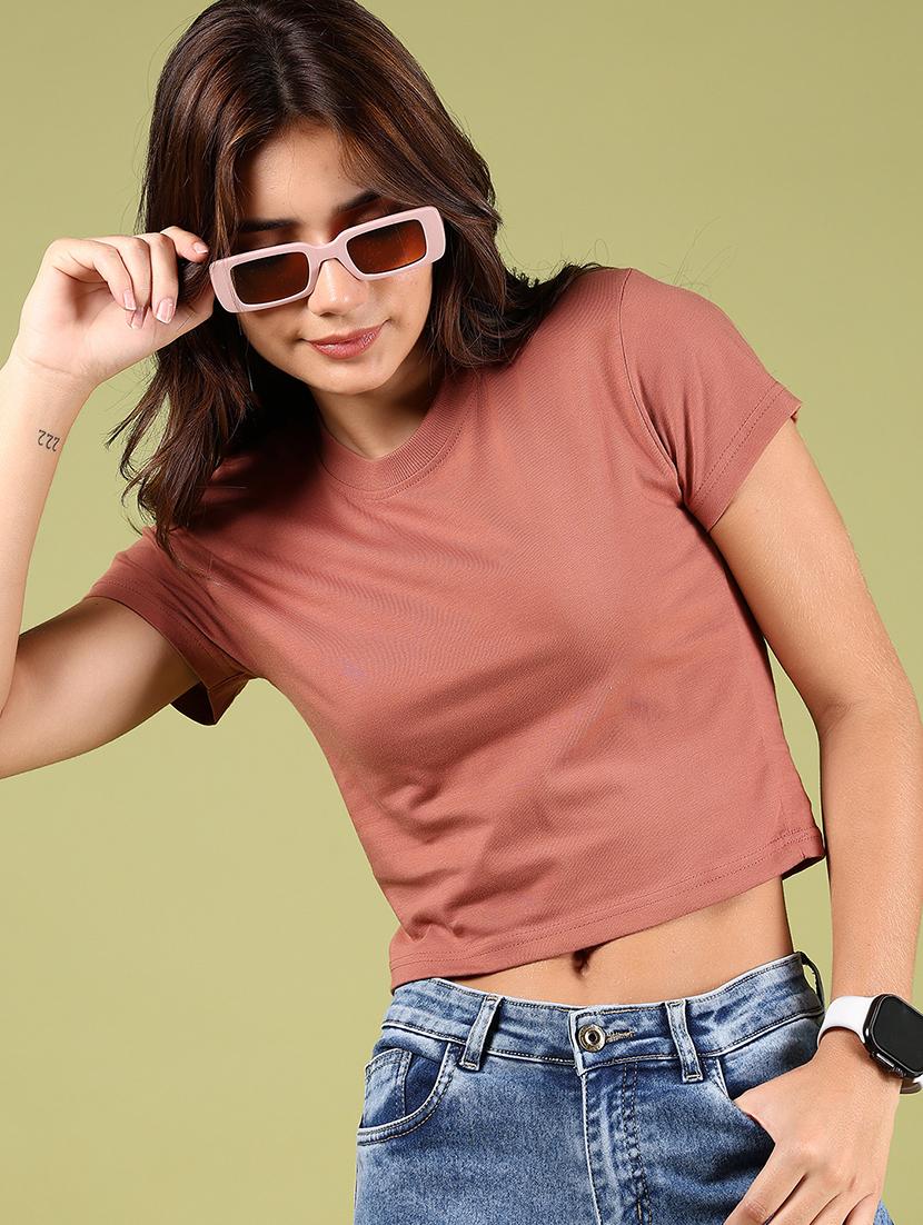 women solid short sleeves crop t-shirt - 21767777 - Zoom Image - 0