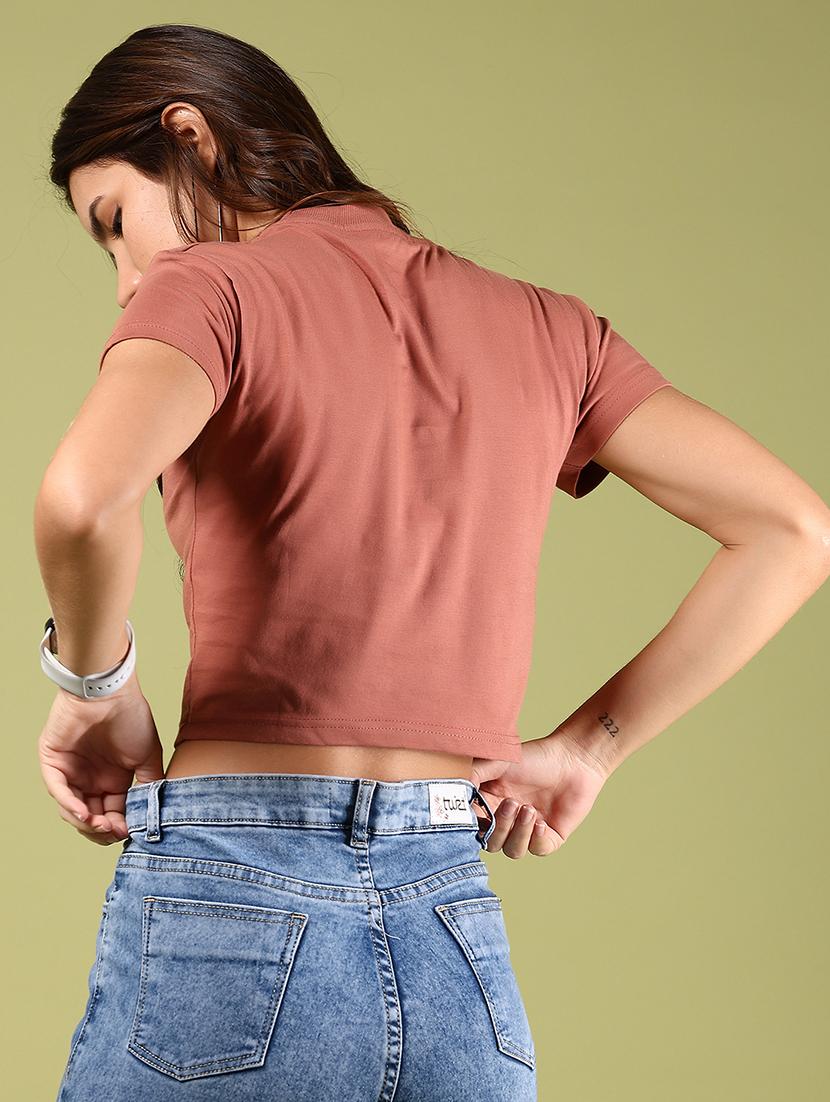 women solid short sleeves crop t-shirt - 21767777 - Standard Image - 3