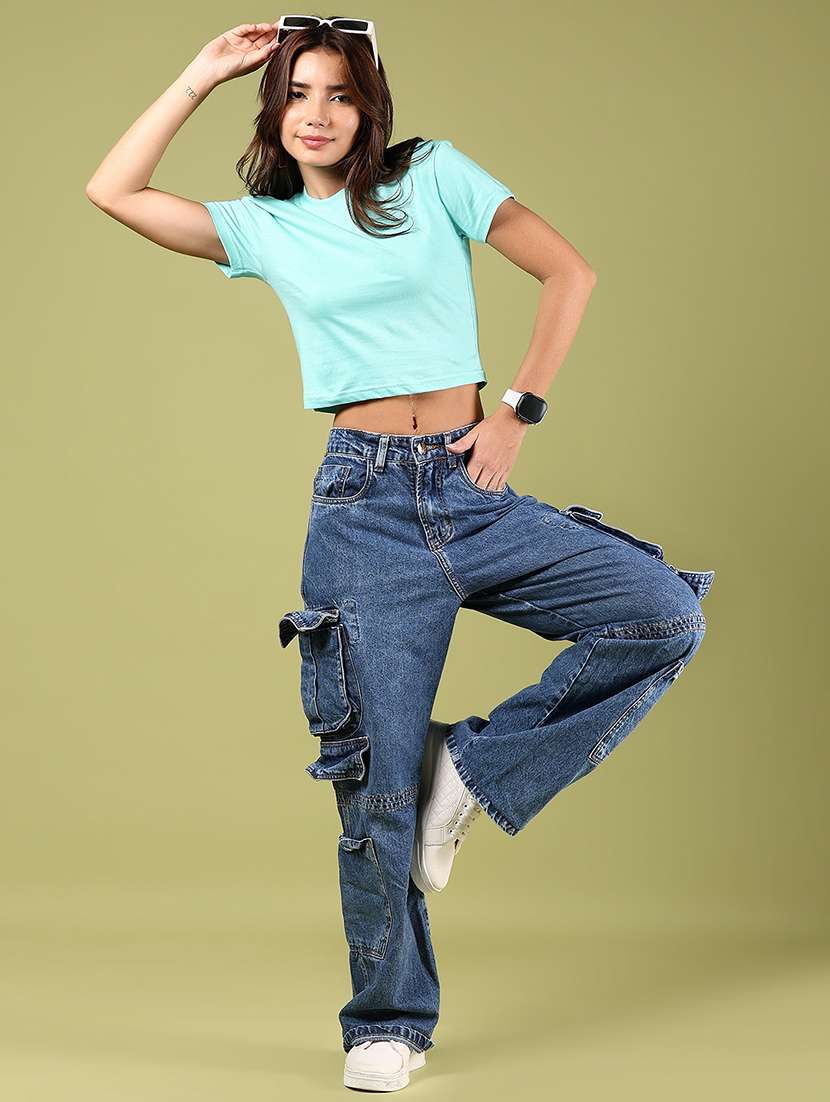 women solid short sleeves crop t-shirt - 21767778 -  Standard Image - 5