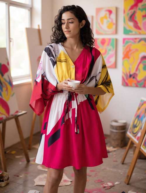 women printed kimono sleeves fit & flare dress - 21768154 - Standard Image - 0