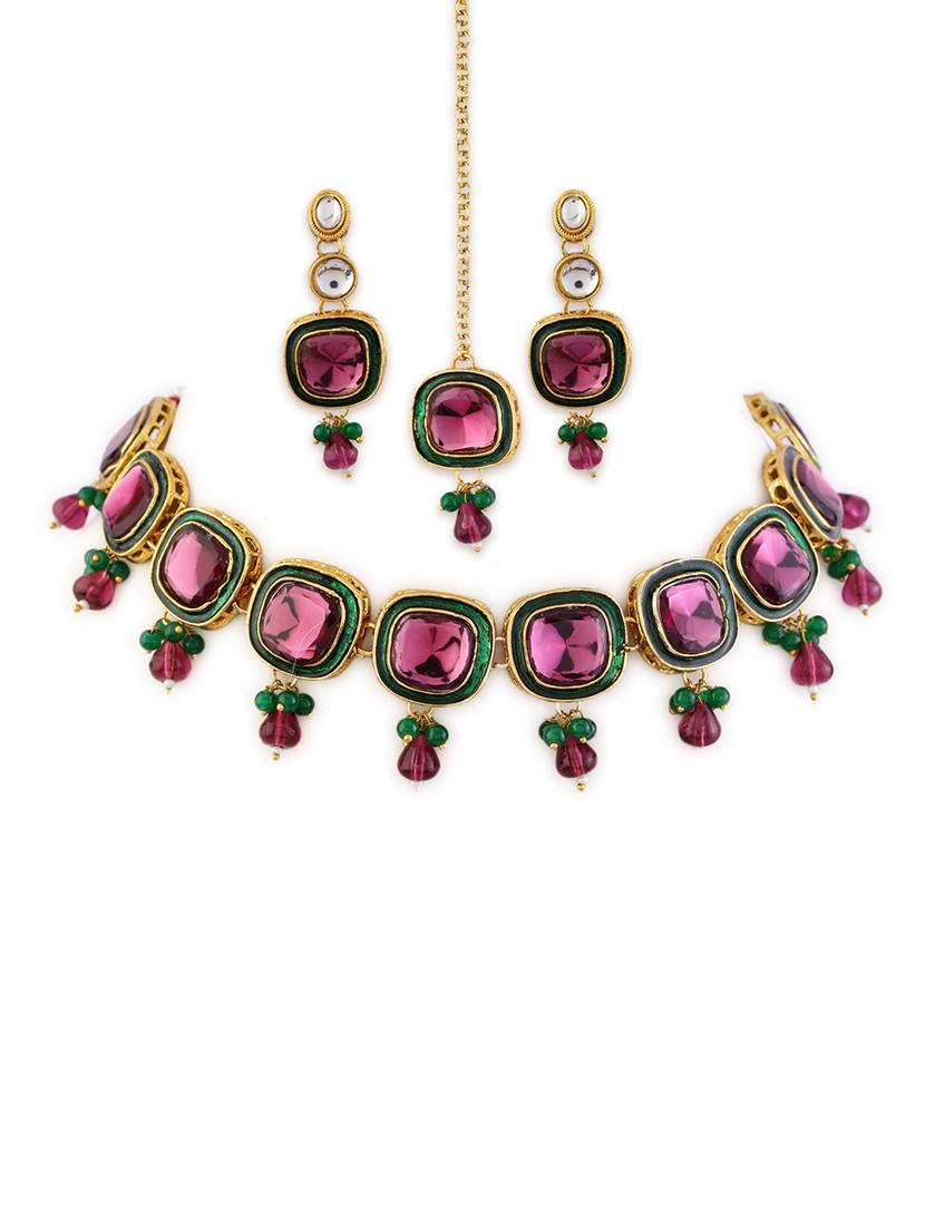 alloy pink necklace earring with tikka jewellery set - 21775538 - Zoom Image - 0