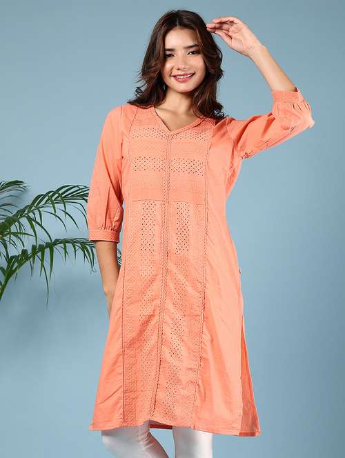 womenthree quarter sleeve straight schiffli kurta - 21784474 -  Standard Image - 0