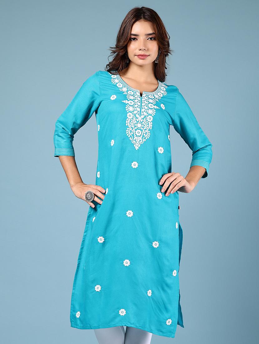women blue three quarter sleeve straight kurta - 21784475 -  Zoom Image - 0