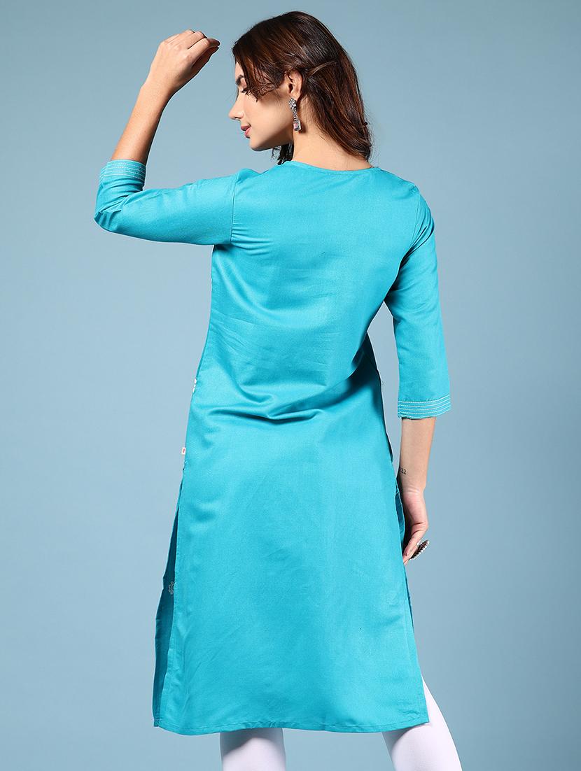 women blue three quarter sleeve straight kurta - 21784475 - Standard Image - 3