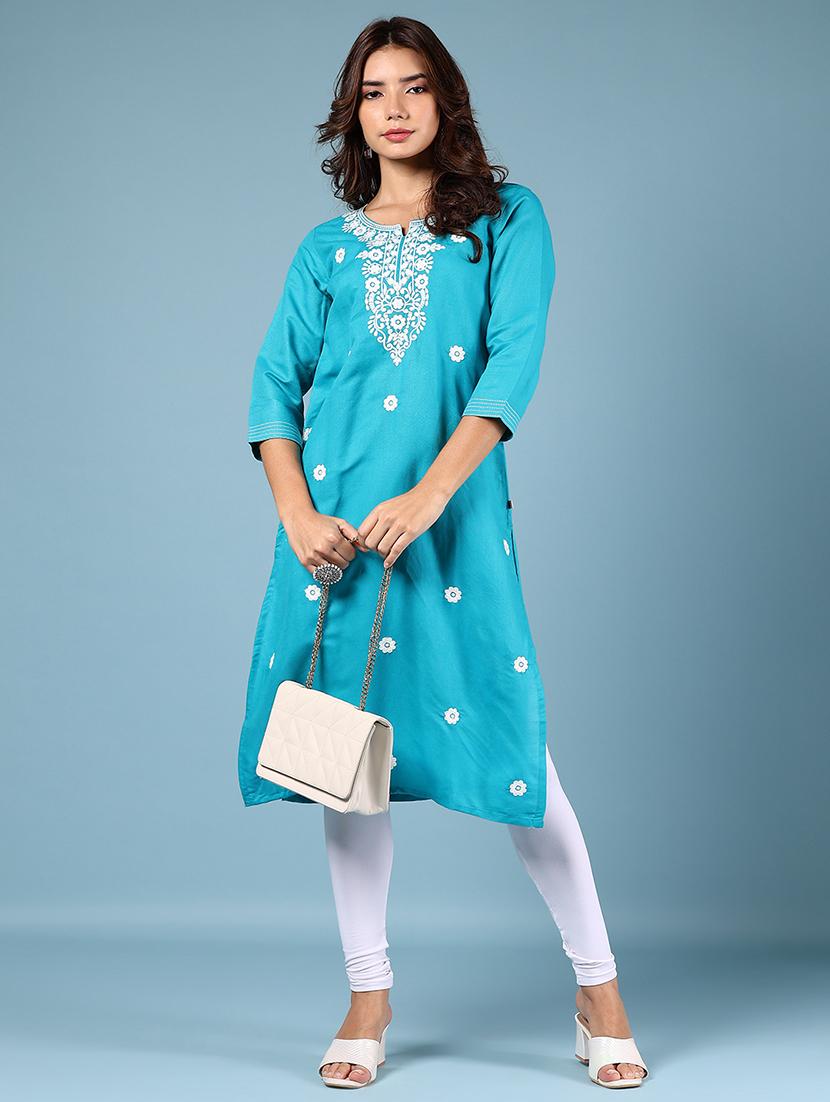women blue three quarter sleeve straight kurta - 21784475 - Standard Image - 5
