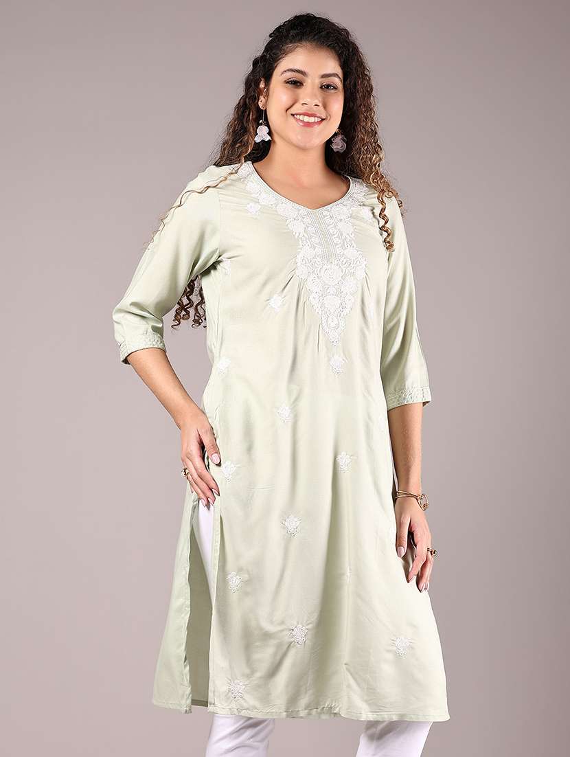 women embroidered round neck straight kurta
