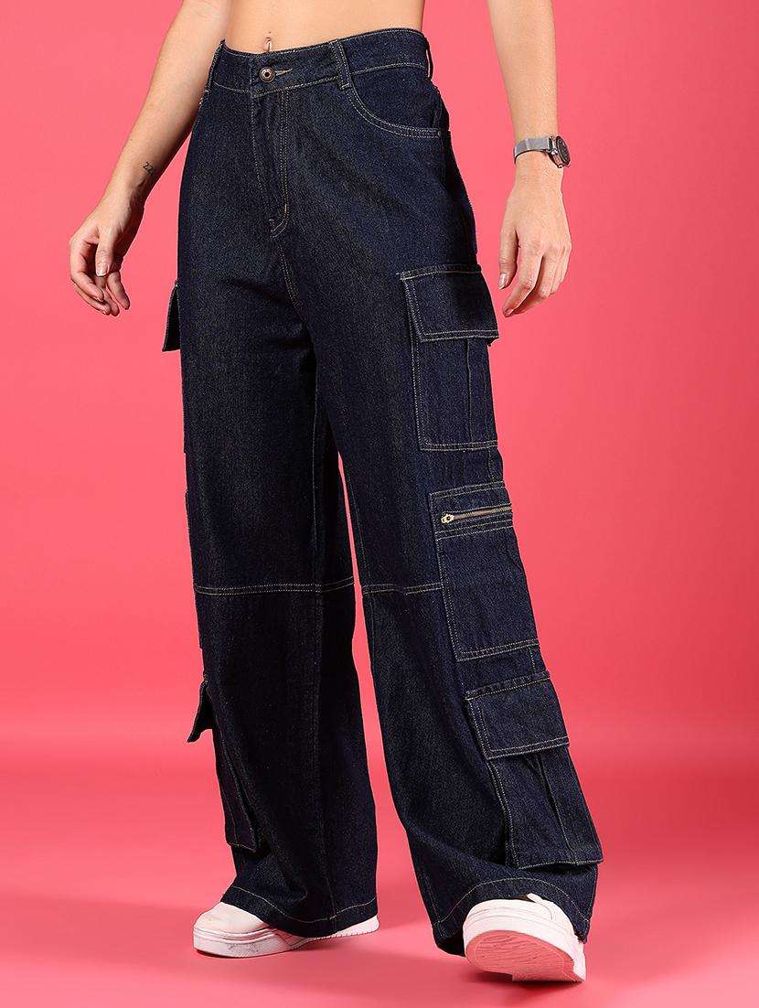 women solid high rise baggy denim cargo - 21784537 -  Standard Image - 3