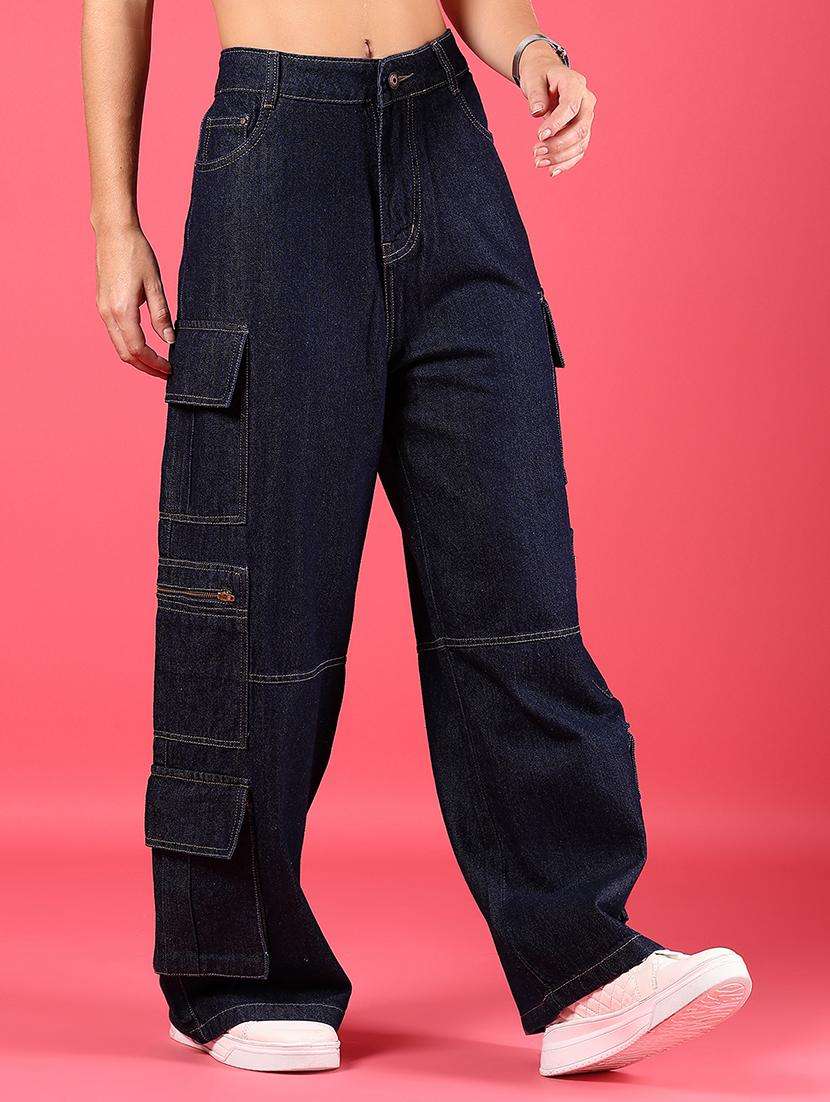 women solid high rise baggy denim cargo - 21784537 -  Standard Image - 5