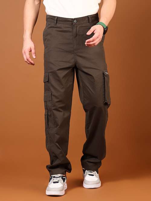 men olive solid high rise cargo - 21784544 -  Standard Image - 0