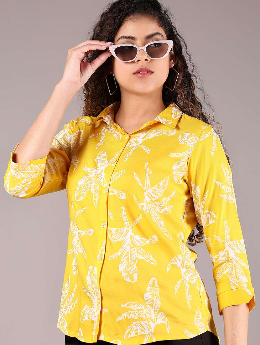 women yellow printed collared regular shirt