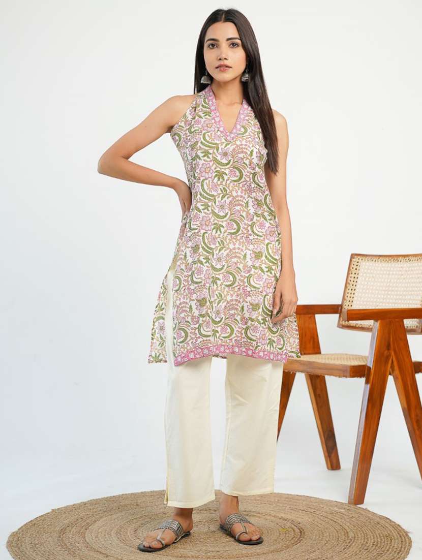 women floral printed sleeveless straight kurta