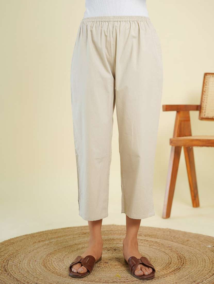 women beige mid rise cropped pant