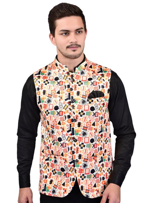 men printed mandarin neck sleeveless nehru jacket - 21785282 - Standard Image - 0