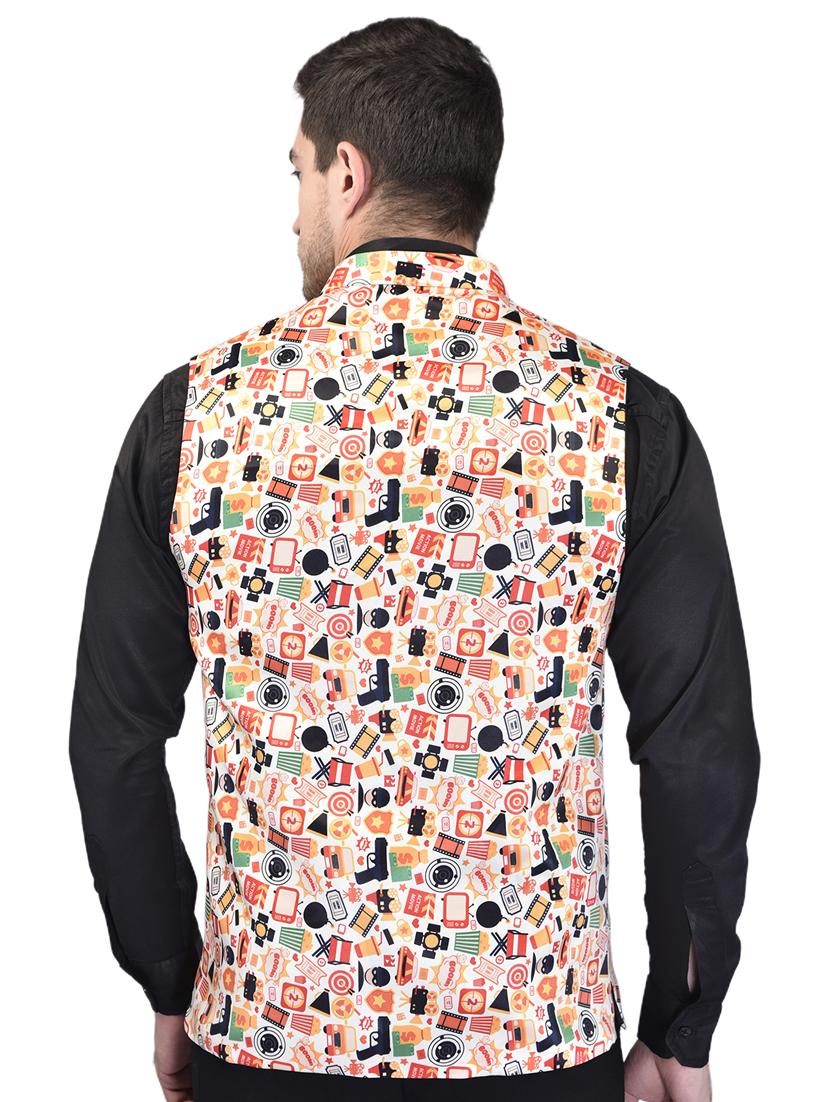men printed mandarin neck sleeveless nehru jacket - 21785282 - Standard Image - 3