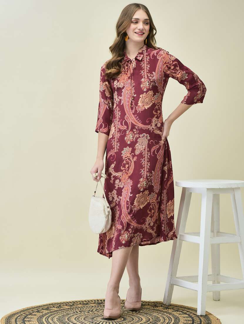 women burgundy paisley printed a-line ethnic dress