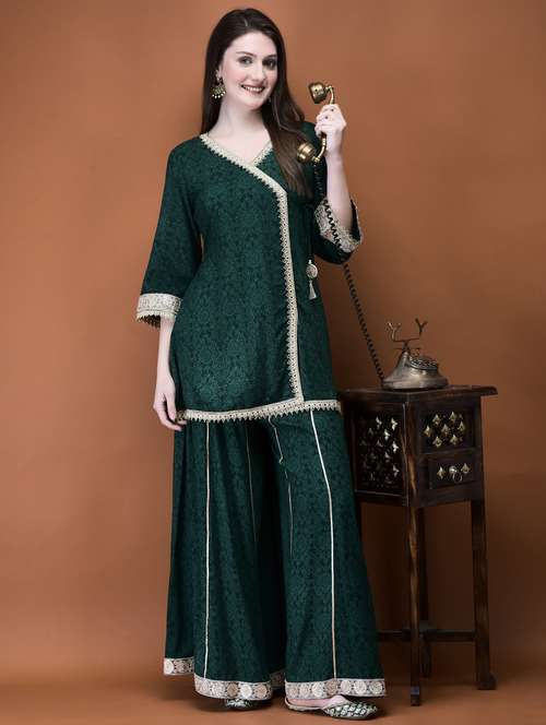 women bottle green printed kurta palazzo set - 21785500 - Standard Image - 0