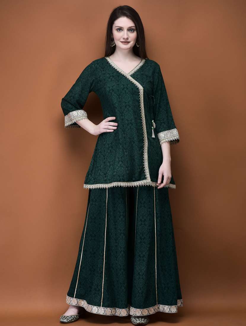 women bottle green printed kurta palazzo set - 21785500 - Standard Image - 3