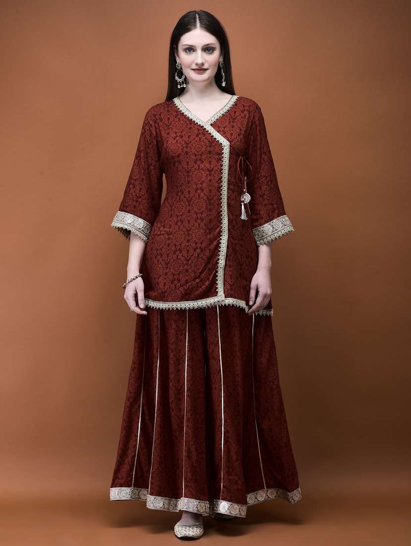 women brown printed kurta palazzo set - 21785501 - Standard Image - 3
